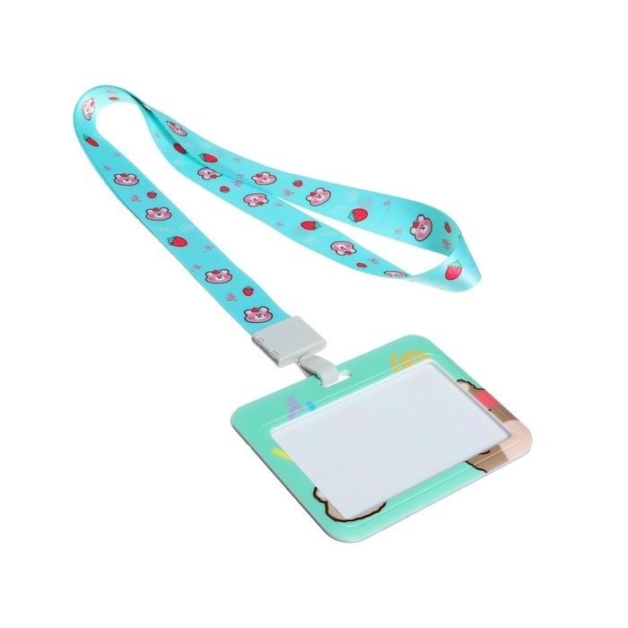 Бейдж горизонтальный, внешний размер 10 х 7,8 см, внутренний размер 5,2 х 8,2 см, лента 42 см, с рисунком "Мишки"