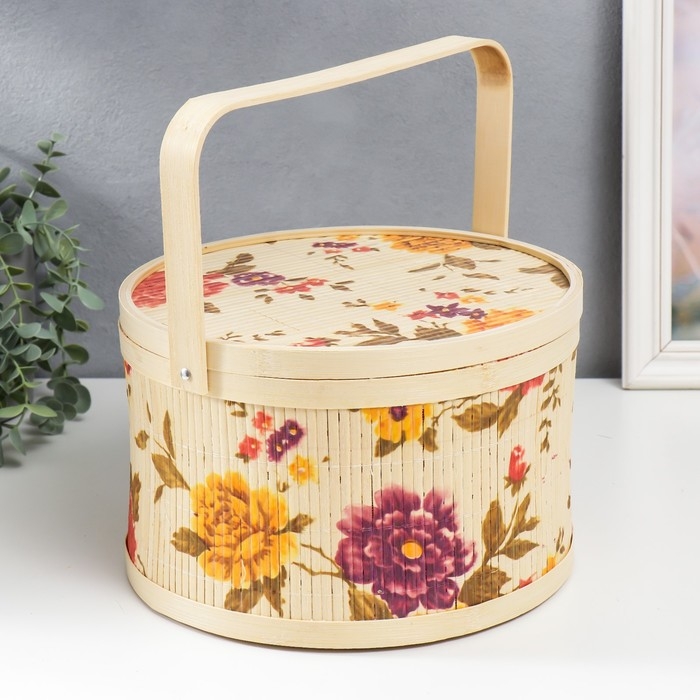 Шкатулка бамбук Шкатулка бамбук "Сад с пионами" круглая, с ручками 16х26х26 см