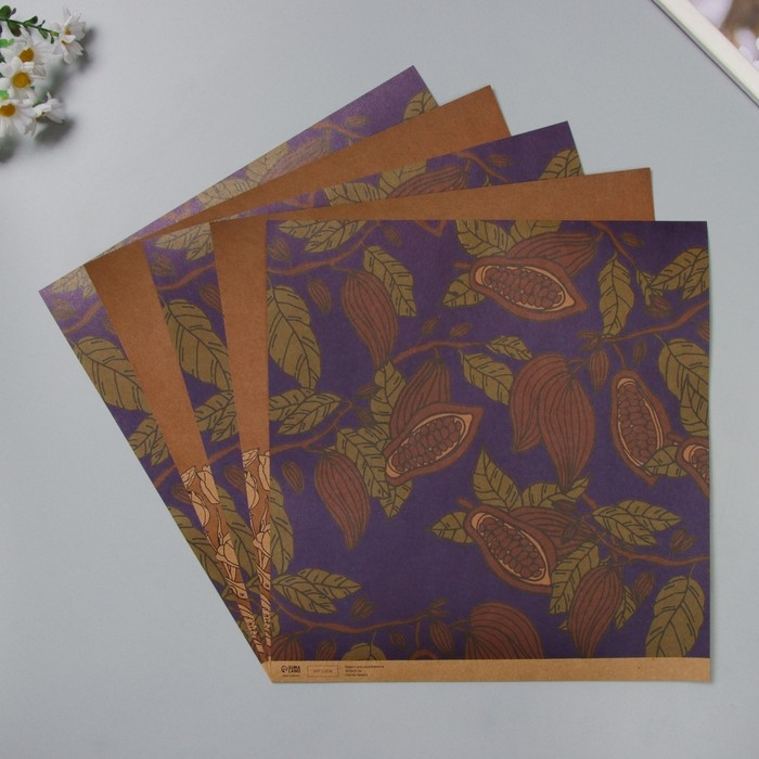Бумага для скрапбукинга двусторонняя крафт Бумага для скрапбукинга двусторонняя крафт "Какао и цветы" плотность 180 гр набор 5 шт 30,5х32 см
