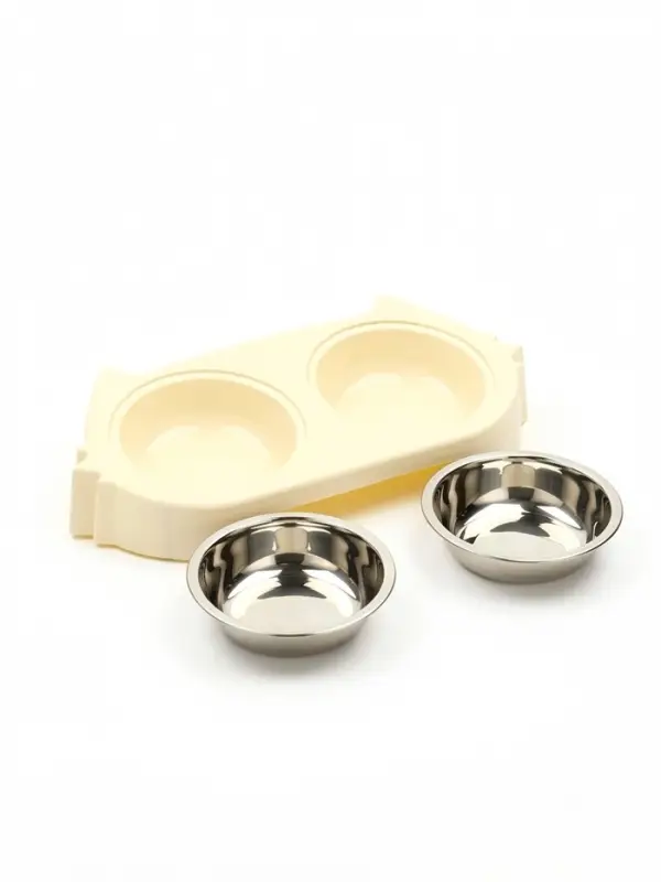 Миска двойная &laquo;Кот&raquo;, 2&times;160 мл, 30.5&times;14.9&times;5.4 см, на пластиковом основании, металл, бежевая