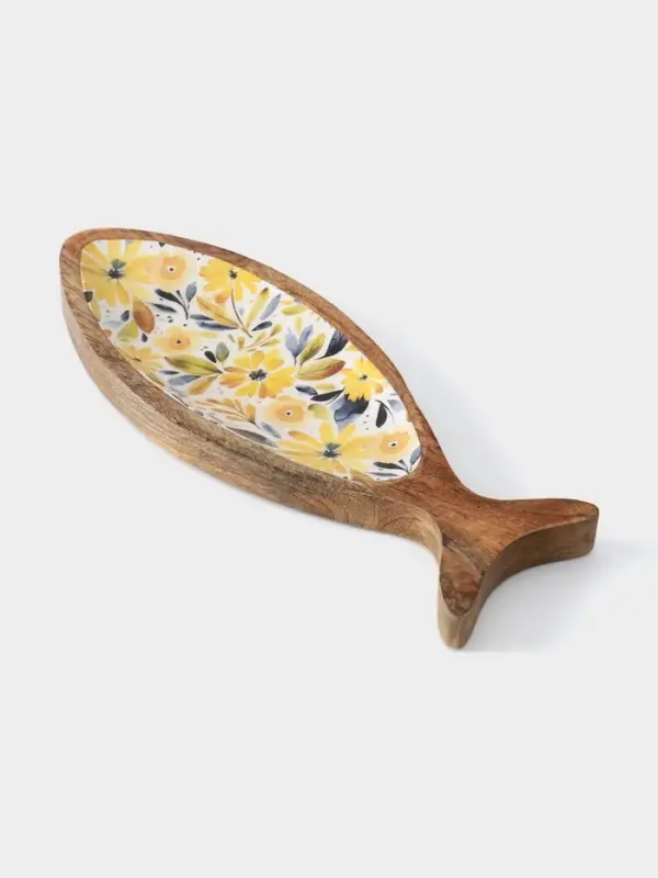 Блюдо в форме рыбки &laquo;Желтые и синие цветы&raquo;, 32&times;11.5&times;2 см, дерево манго