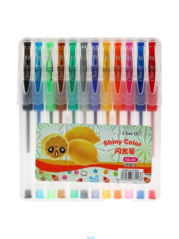 Набор гелевых ручек, 12 цветов, с блестками, с резиновым держателем, в пластиковой коробке