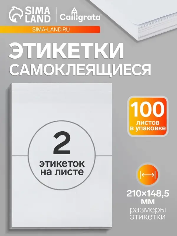 Этикетки А4 самоклеящиеся 100 листов, 80 г/м&sup2;, 210&times;148.5 мм, белые, 2 штуки, МИКС матовые/глянец