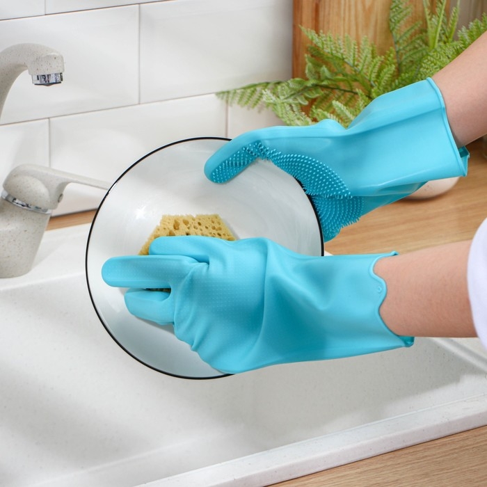 Перчатки хозяйственные Доляна, 28×14 см, силиконовые, цвет бирюзовый Перчатки хозяйственные Доляна, 28×14 см, силиконовые, цвет бирюзовый