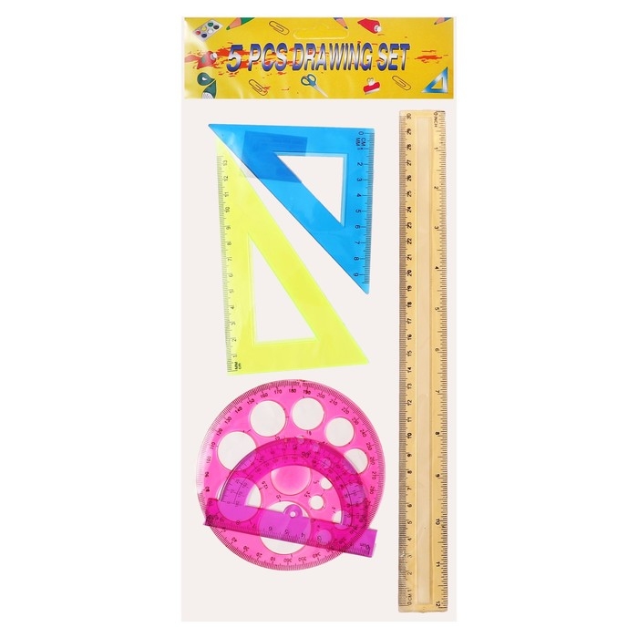 Набор геометрический, чертежный, блистер: линейка 30 см, 2 треугольника, транспортир, трафарет окружности, МИКС Набор геометрический, чертежный, блистер: линейка 30 см, 2 треугольника, транспортир, трафарет окружности, МИКС