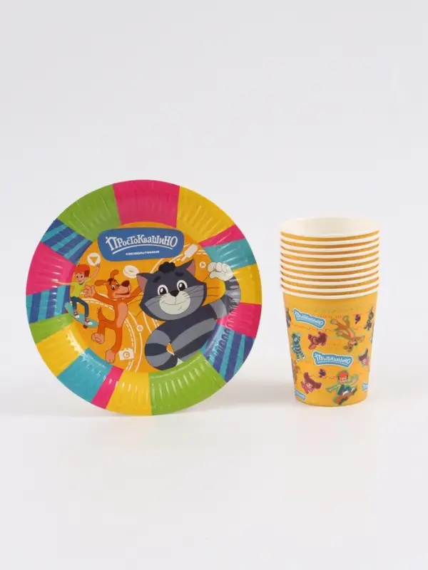 Посуда одноразовая бумажная на 10 персон «Простоквашино»: стаканы, тарелки, скатерть, Союзмультфильм Посуда одноразовая бумажная на 10 персон «Простоквашино»: стаканы, тарелки, скатерть, Союзмультфильм