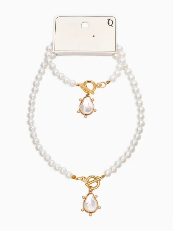Набор 2 пред-а: колье,браслет "Жемчуг с подвеской барочной" 18/42 №8, цвет белый в золоте
