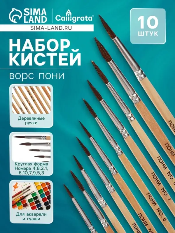 Кисти для рисования, пони, 10 штук: № 1, 2, 3, 4, 5, 6, 7, 8, 9, 10, круглые, деревянная ручка, международный размер