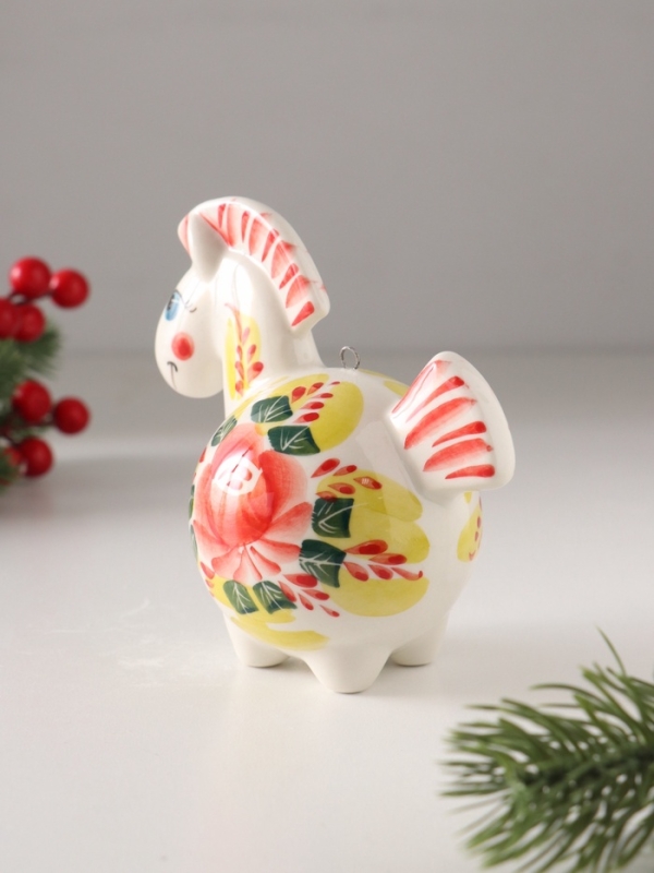 Ёлочный фарфоровый шар "Лошадь Цветок" /авторская роспись/,  11 см