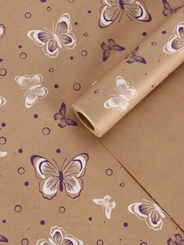 Бумага упаковочная крафт «Бабочки», фиолетовый/белый, 0.72×10±5% м, 60 г