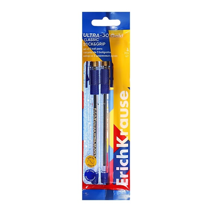 Набор ручек шариковых 3 штуки, ErichKrause ULTRA-30 Gold Stick&Grip Classic, узел 0.7 мм, чернила синие, резиновый держатель, длина линии письма 2000 метров Набор ручек шариковых 3 штуки, ErichKrause ULTRA-30 Gold Stick&Grip Classic, узел 0.7 мм, чернила синие, резиновый держатель, длина линии письма 2000 метров