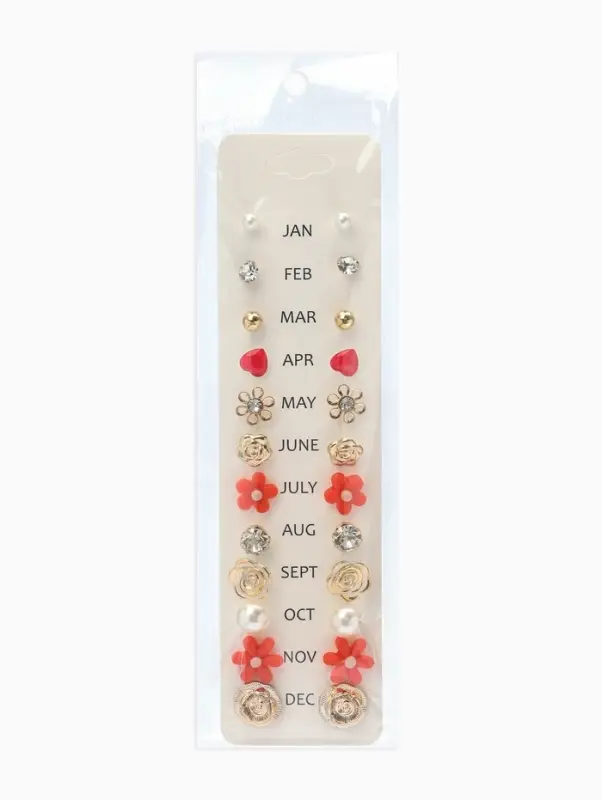 Серьги пусеты One year, 12 пар, цветочное ассорти, бело-розовые в золоте