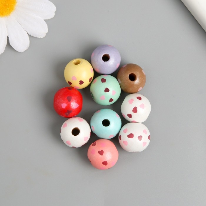 Бусины для творчества дерево "Сердечки на шариках" набор 10 шт d=1,6 см