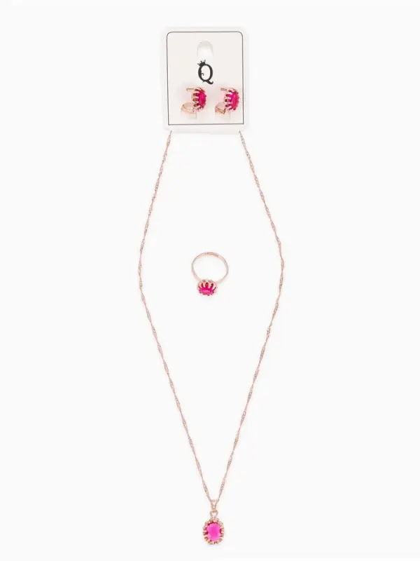 Гарнитур 3 предмета: серьги, кулон, кольцо безразмерное &laquo;Эдель&raquo;, овал, ярко-розовые в золоте, 45 см