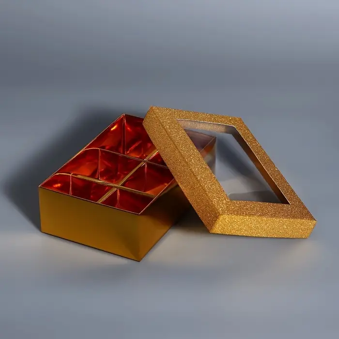 Коробка подарочная для 6 конфет золото глиттер, с окном, 12&times;8.5&times;4 см