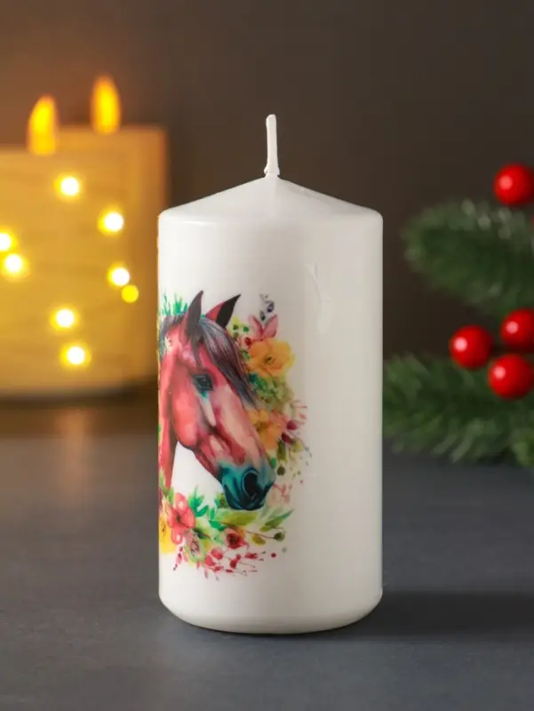 Свеча столб 50х100мм с декором, конь, белая Свеча столб 50х100мм с декором, конь, белая