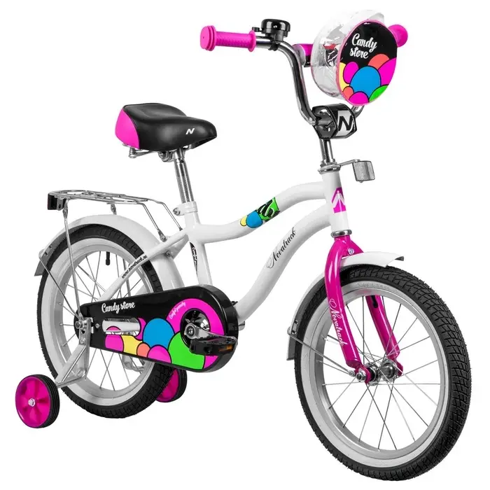 Велосипед детский Novatrack CANDY, диаметр колёс 16", со съёмными колёсами, с сумкой, белый