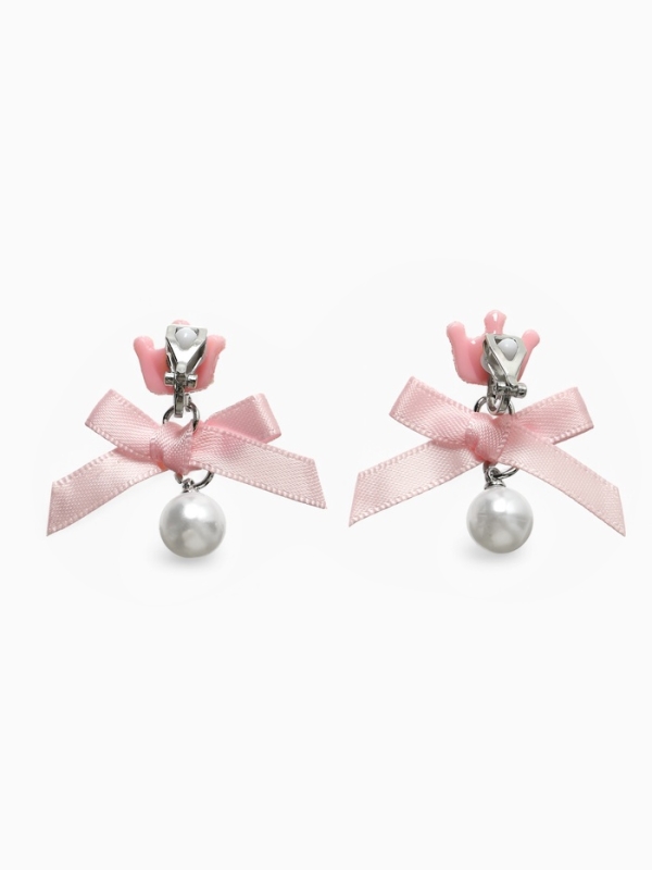 Серьги-клипсы детские  Серьги-клипсы детские "Выбражулька" корона с бантом и жемчужиной, цвет розово-белый