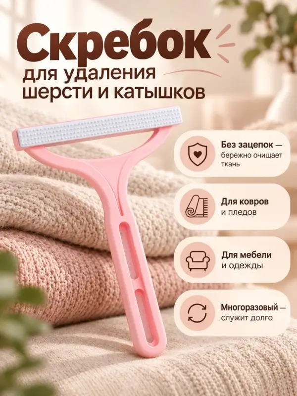 Щетка-скребок для одежды от волос и шерсти, пластик, 12&times;14.5 см, розовый