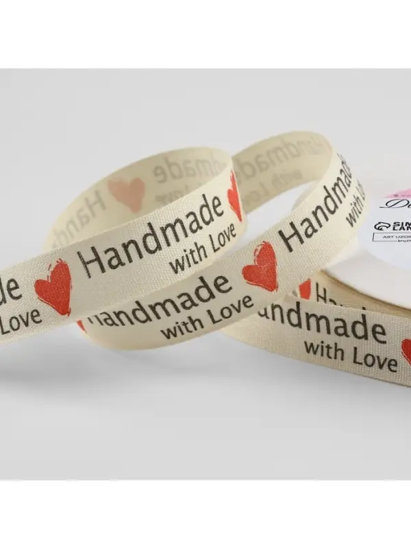 Лента хлопковая &laquo;Handmade with love&raquo;, 15 мм, 23 м &plusmn; 1 м, бежевая