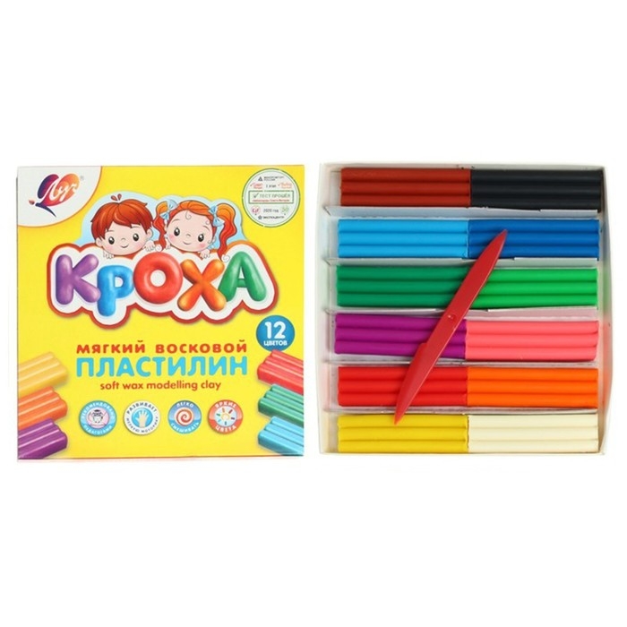Пластилин мягкий (восковой), 12 цветов, 180 г,  Пластилин мягкий (восковой), 12 цветов, 180 г, "Кроха", со стеком