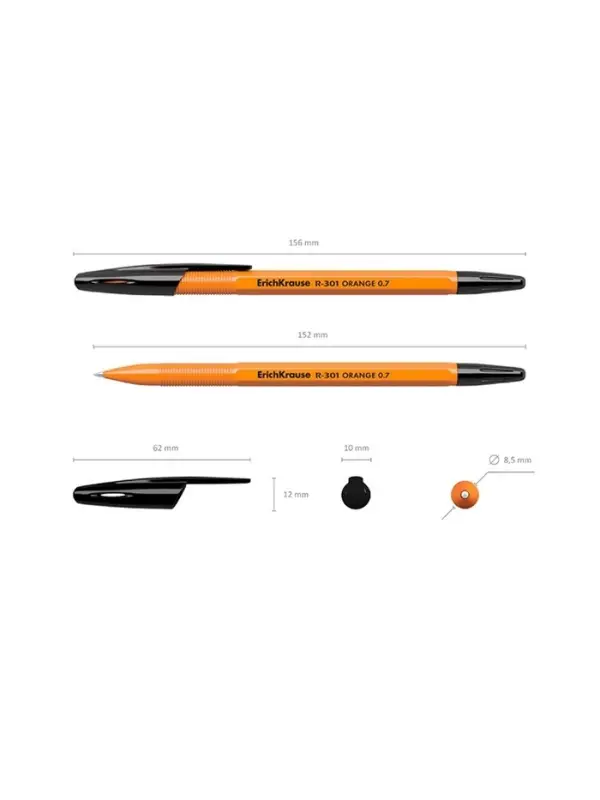 Ручка шариковая ErichKrause R-301 Orange Stick, узел 0.7 мм, чернила чёрные, длина линии письма 2000 метров, штрихкод на ручке