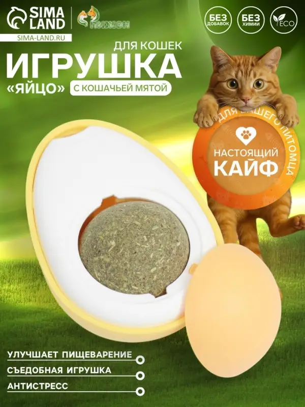Игрушка с кошачьей мятой для кошки &laquo;Яйцо&raquo;, 6 см, пластик, белая, жёлтая