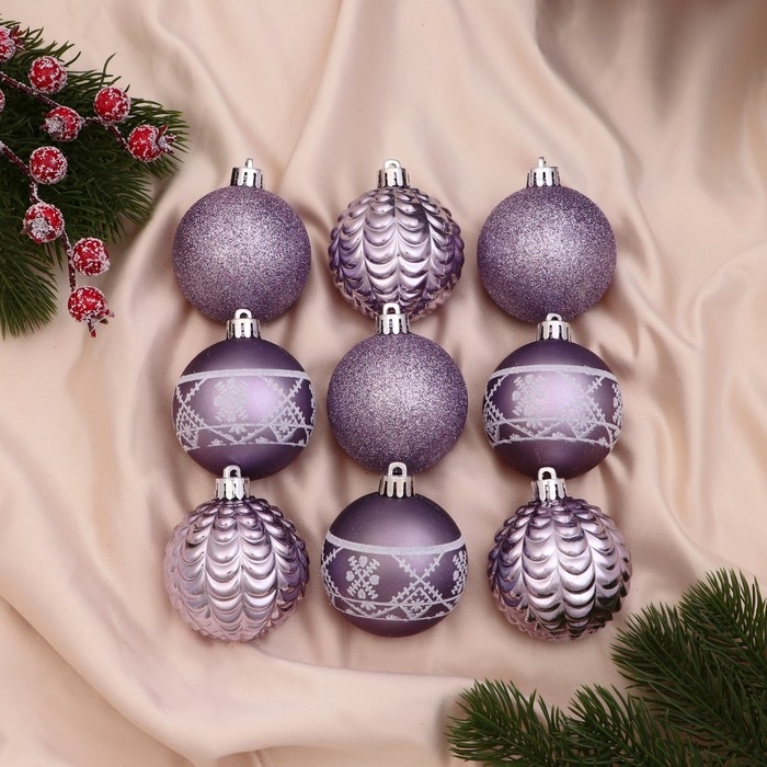 Ёлочные игрушки, шары новогодние , пластик, набор d-6 см, 9 шт Ёлочные игрушки, шары новогодние , пластик, набор d-6 см, 9 шт "Изабель" узоры, сиреневый