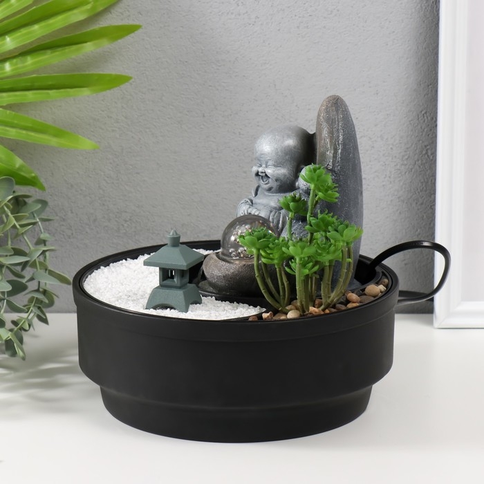 Фонтан настольный от сети, подсветка  Фонтан настольный от сети, подсветка "Маленький хотей в саду Дзен" 21х21х21 см