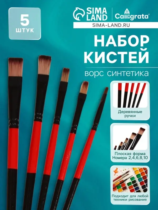 Кисти для рисования, нейлон, 5 штук, плоские, прямые, международный размер