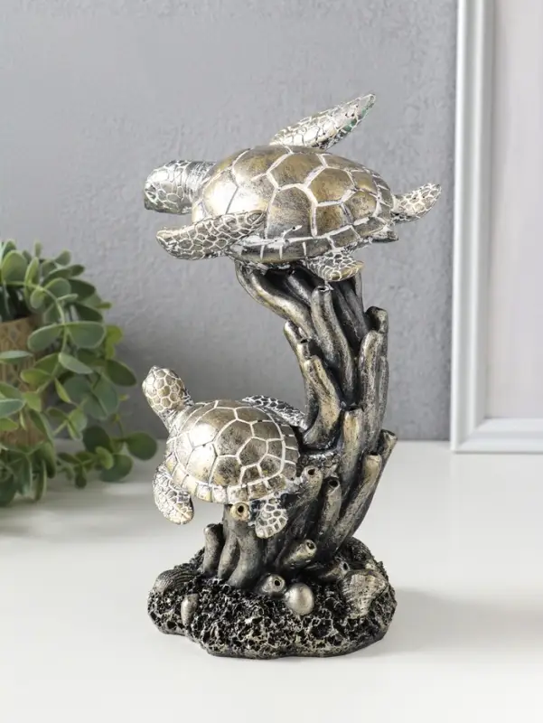 Сувенир полистоун "Морские черепахи в кораллах" бронза с белой патиной 14х12,5х21 см