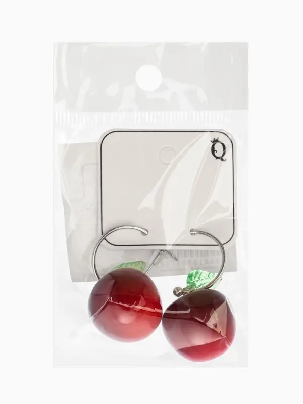 Серьги кольца &laquo;Черешня с листочком&raquo;, бордовые в серебре