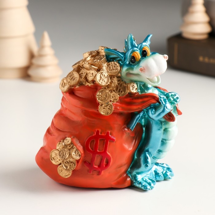 Копилка полистоун Копилка полистоун "Синий дракончик с мешком золотых монет" 10,2х7,2х10,6 см