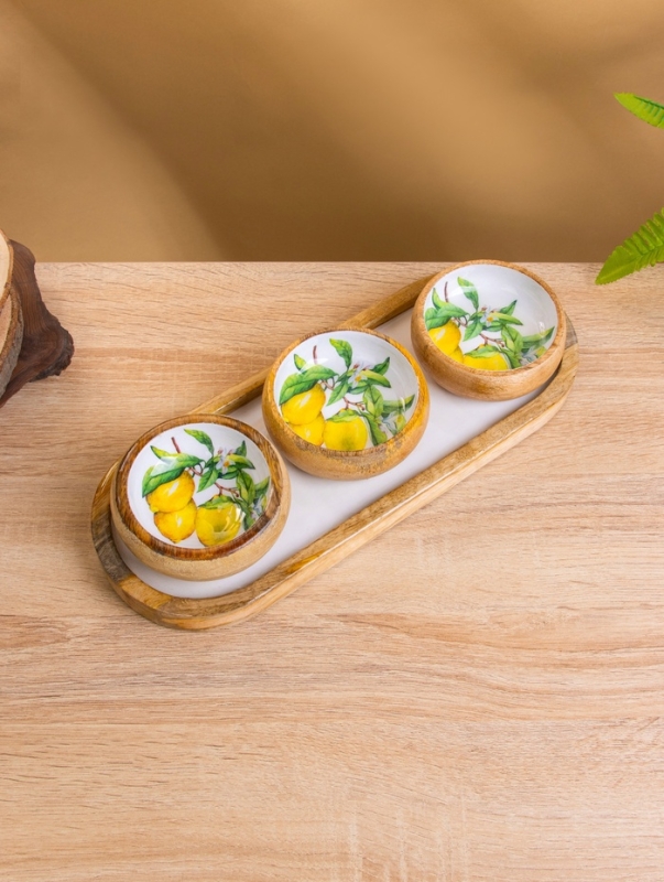 Набор розеток на подносе  Набор розеток на подносе "Лимоны" (3 шт) дерево манго 33,5х13х6,5 см