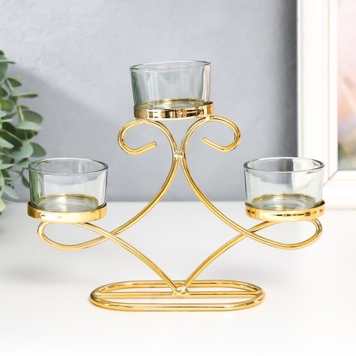 Подсвечник металл, стекло на 3 свечи Подсвечник металл, стекло на 3 свечи "Витки" d-4,5 см золото 20х5,5х13 см