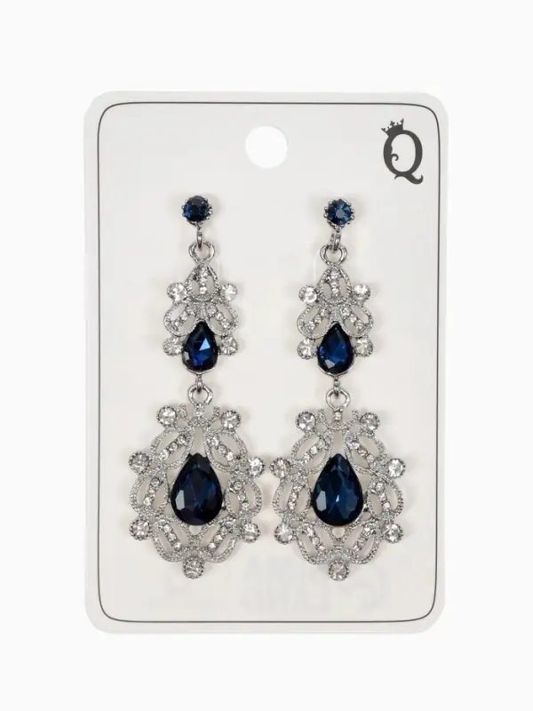 Серьги висячие со стразами &laquo;Грация&raquo;, резная, синие в серебре, 9 см