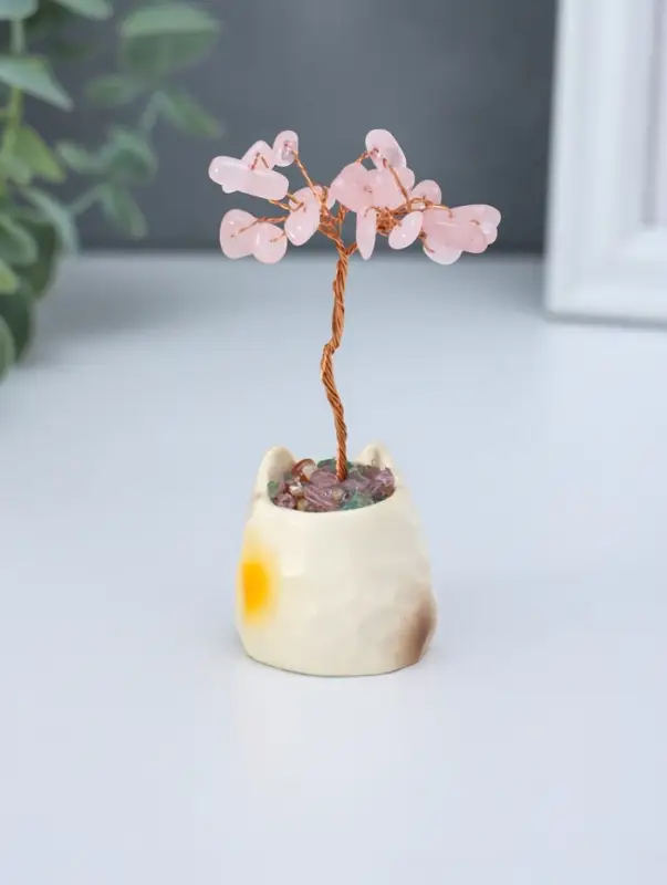 Сувенир "Котик-горшок и розовое дерево" 12 камней 3,8х3,5х7,5 см