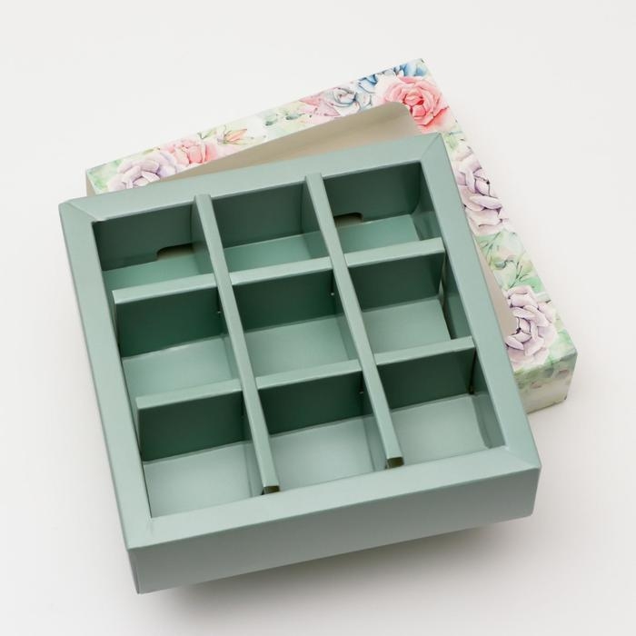 Коробка под 9 конфет с обечайкой  Коробка под 9 конфет с обечайкой "Rose" с окном, 14,5 х 14,5 х 3,5 см