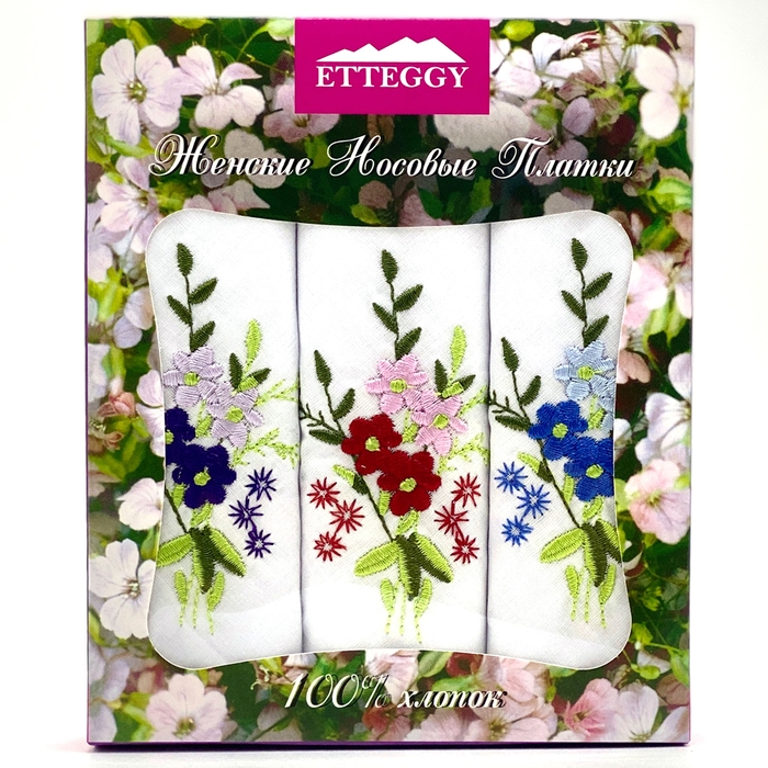 Набор женских носовых платков в коробке Etteggy PV61 28x28см 3шт, МИКС, батист 81г/м, хл100% Набор женских носовых платков в коробке Etteggy PV61 28x28см 3шт, МИКС, батист 81г/м, хл100%