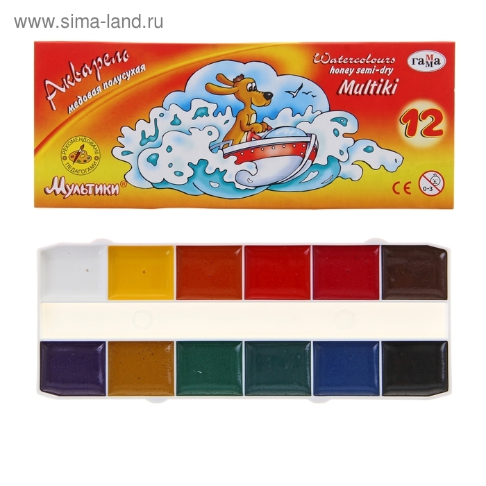 Акварель 12 цветов  Акварель 12 цветов "Гамма" "Мультики", медовая, без кисти, картон
