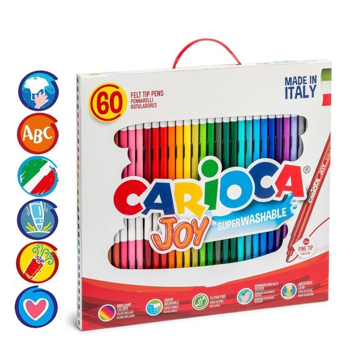 Фломастеры 36 цветов 60 штук, Carioca  Фломастеры 36 цветов 60 штук, Carioca "Joy", тонкий наконечник, стойкие, легко смываемые и нетоксичные чернила, макси упаковка, картонный пенал