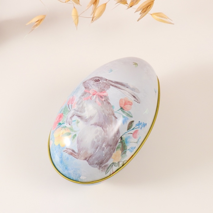 Шкатулка металл яйцо  Шкатулка металл яйцо "Пасхальный зайка с бантом в цветах" 7х6,5х11 см