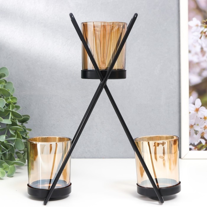 Подсвечник металл, стекло на 3 свечи Подсвечник металл, стекло на 3 свечи "Гарна" d-5 см, чёрный 9х21х25 см