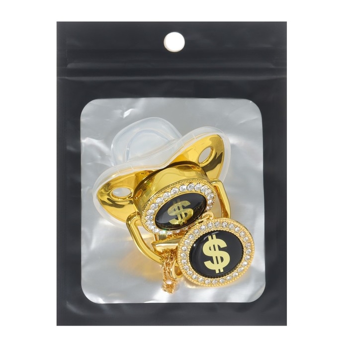 Соска - пустышка силиконовая ортодонтическая «Доллар», от 6 мес., с колпачком + держатель - цепочка, цвет золотой/черный, стразы Соска - пустышка силиконовая ортодонтическая «Доллар», от 6 мес., с колпачком + держатель - цепочка, цвет золотой/черный, стразы