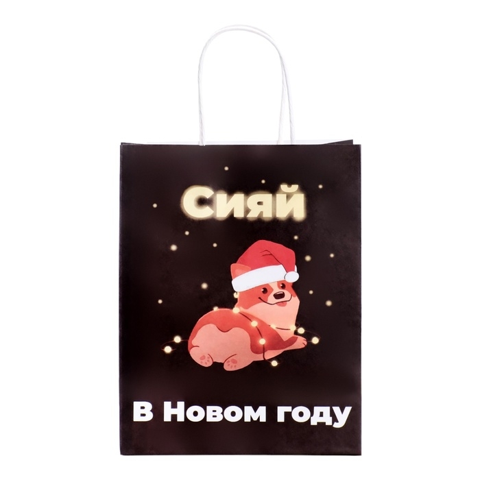 Новый год. Пакет бумажный подарочный новогодний крафт, Новый год. Пакет бумажный подарочный новогодний крафт, "Сияй", 27 х 21 х 11 см.