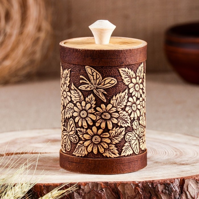 Туес Туес "Бабочки в цветах", круглый, 9х9х15 см, береста