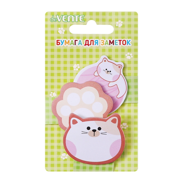 Набор клейкой бумаги для заметок  Набор клейкой бумаги для заметок "deVENTE. Kitty" 45x45 мм, 3x20 листов, офсет 80 г/м², печать 4+0, ассорти форм, 3 дизайна, в картонном блистере и пластиковом пакете с европодвесом