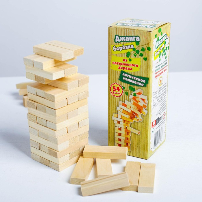 Падающая башня дженга, настольная игра, Падающая башня дженга, настольная игра, "Березка", 54 бруска, 18.5 х 6.5 см