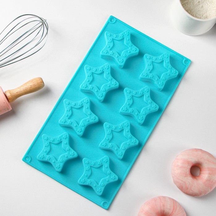 Форма для выпечки Доляна «Звёздочки», силикон, 8 ячеек, 29×16×2 см, ячейка 6,3×6 см, глубина 1,7 см, цвет голубой Форма для выпечки Доляна «Звёздочки», силикон, 8 ячеек, 29×16×2 см, ячейка 6,3×6 см, глубина 1,7 см, цвет голубой