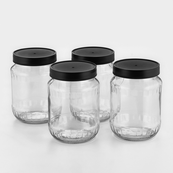 Набор стеклянных банок с чёрной полимерной крышкой, ТО-82 мм, 720 мл, 4 шт. Набор стеклянных банок с чёрной полимерной крышкой, ТО-82 мм, 720 мл, 4 шт.